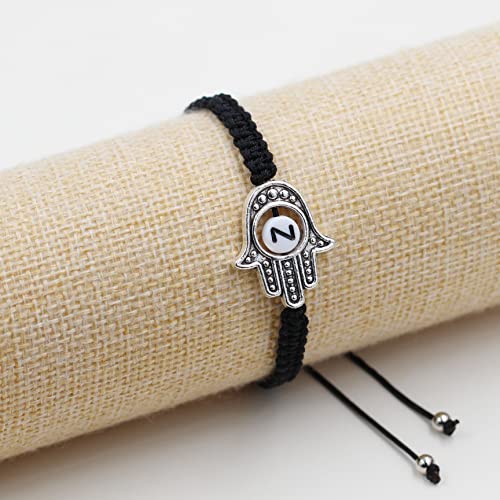 Image of Uloveido Customized A to Z 26 Letters Hand of Fatima Bracelet - Fatima Hamsa Hand Evil Eye Protection Bracelet Lucky Charm Adjustable Braided Black String