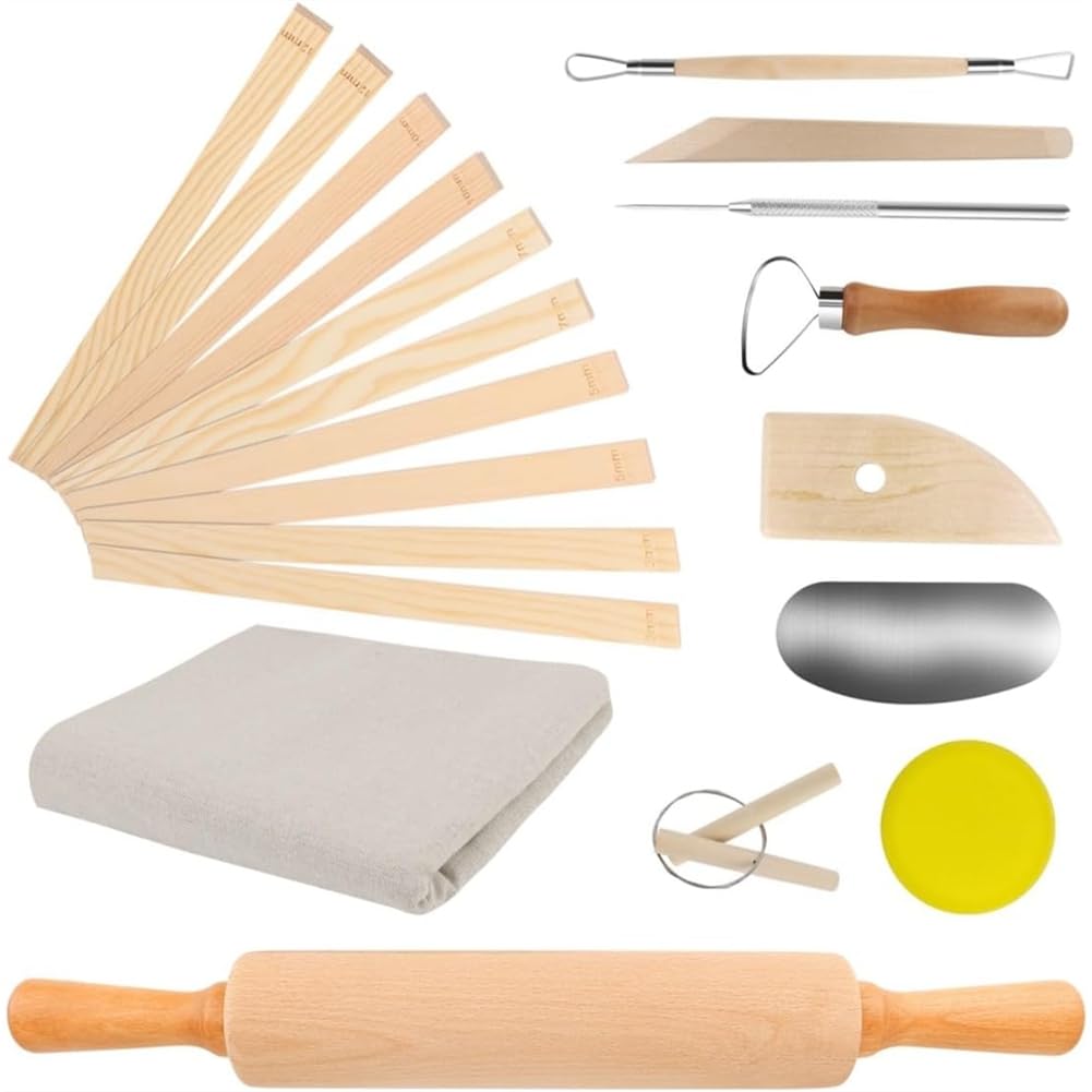 Teuypty 20Pcs Pottery Teaching Kit With Rolling Pin,Pottery Teaching Rolling Mud Sticks Clay Sculpting Tools And Premium Linen