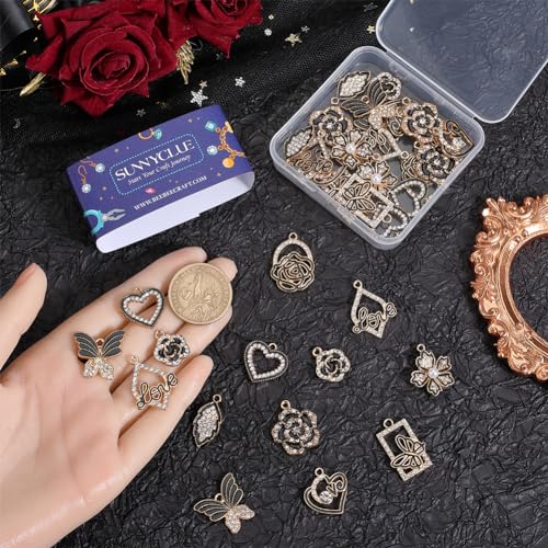 SUNNYCLUE 1 Box 40Pcs 10 Styles Valentines Day Rhinestones Charms Love Charm Bulk Heart Flower Butterfly Leaf Hollow Black Gold Charm for Jewellery Making Charms DIY Necklace Bracelet Earrings - Image 3