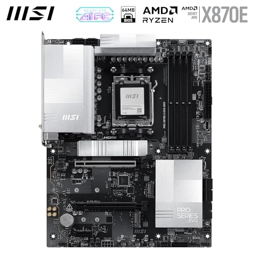 Image of MSI PRO X870E-S EVO WiFi Motherboard, ATX - Supports AMD Ryzen 9000 /8000 / 7000 Processors, AM5-60A SPS VRM, DDR5 Memory Boost (up to 8200+ MT /s OC), PCIe 5.0 x16, M.2 Gen5, Wi-Fi 7, 5G LAN