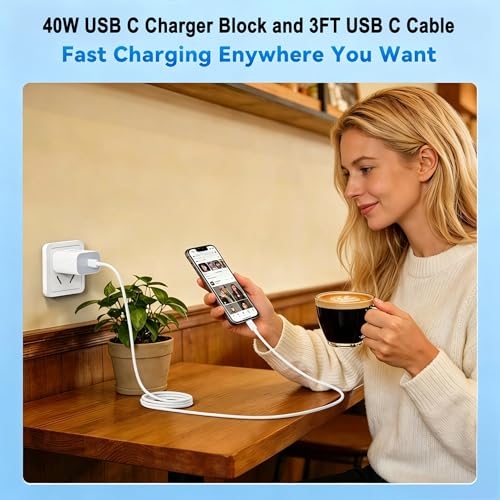 Image of iPhone 17 /Air Charger Fast Charging,[MFi Certified] 40W USB C Power Adapter Wall Charging Block Plug&USB C to C Cable Cord for iPhone 17e /17 Pro Max /16 /16 Plus /16 Pro Max /15 /iPad /AirPods