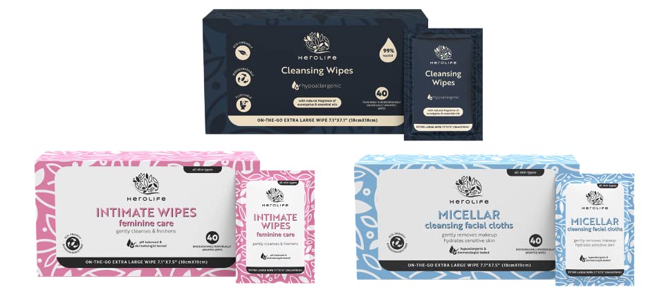 HEROLIFE SINGLES TRIO BUNDLE PACK: Flushable Cleansing Wipes + Feminine Care Intimate Wipes + Micellar Cleansing Facial Cloths, Single-use, 3 packs of 40 Pre-moistened Single-use Cloths