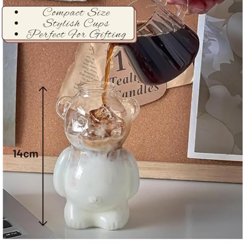 Image of The Empty Space Glass Mug - Unique Aesthetic Borosilicate Cup | Ideal for Iced Tea, Coffee, Gifting & Daily Use | Cute Glass Gift for Her, Housewarming, Mother's Day (Set of 1) (Teddy Mug With Straw)