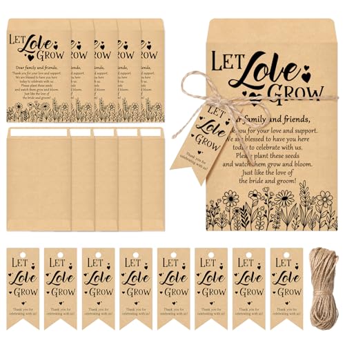 Noveread 50 Sets Wedding Favor Seed Packets Let Love Grow Self Adhesive Kraft Envelopes Rustic Flower Seeds Storage Packets with Thank You Tag and Hemp Rope for Wedding Party Favor, 2.76 x 3.94''