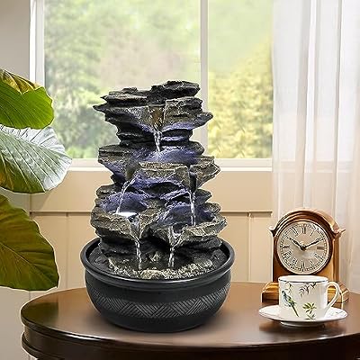xpiyaer 15.7” High Rock Falls Tabletop Water Fountain with LED Lights - Indoor 5-Tier Cascading Fountain for Home and Office Decor (Gray_3, 15.7" high)