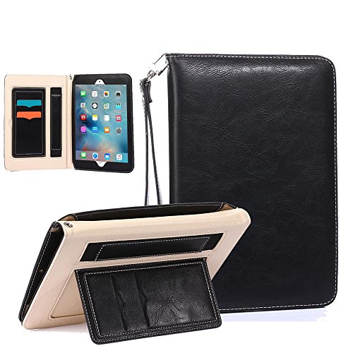 iPad Air 2 Case, TabPow All-in-One - Premium PU Leather Smart Case Cover with Card Slots, Kickstand, Elastic Hand Strap Grip for iPad Air 2 (2014 Edition) - Black