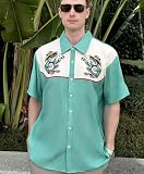 GoofyDaddy Men's Musical Frog Print Button-Down Shirt, Mint Green, Regular Fit, Short Sleeve, Western Theme, Summer Casual Wear