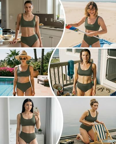 Image of Tempt Me Women Two Piece Scoop Neck Bikini Crop Top High Cut Swimsuit Sporty High Waisted Bathing Suit with Bottoms