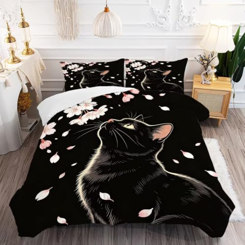 Image of Black Cat Comforter Set Full Size Cherry Blossom Bedding Set | Cute Pink Sakura Floral Print Bedding Set for Girls Women, 3 Pieces Soft Microfiber All Season Bed Set with Pillowcases