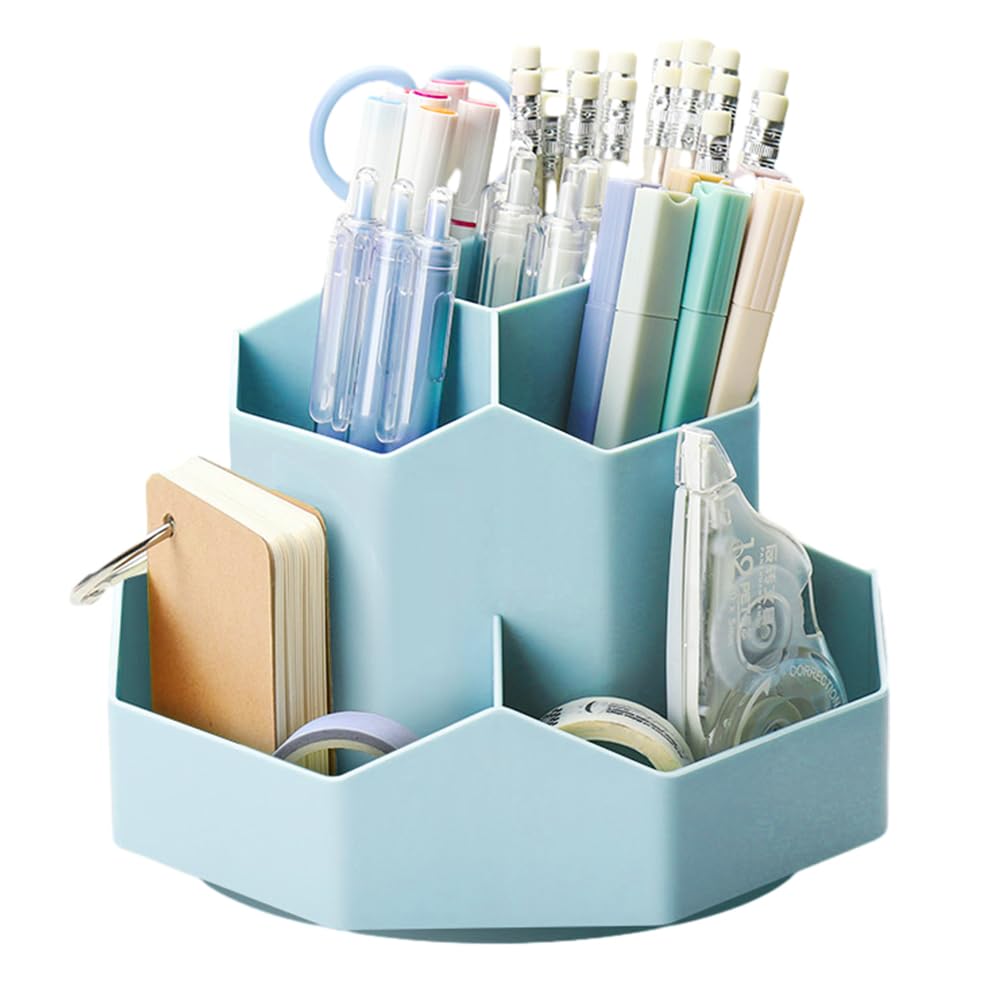 Axroad Mall 360° Rotating Pen Holder, Makeup Brush Holder with 9 Compartments, Large Capacity Pen Pots Desk Pencils Organiser Office Stationery Storage Boxes (Blue)