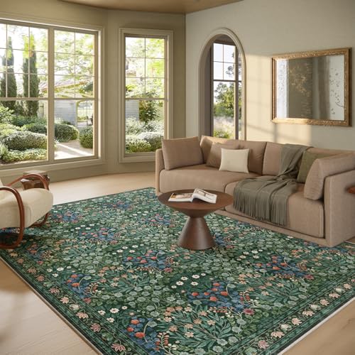 Image of Floral Dark Green Area Rugs 8x10, Soft Washable Non-Slip Boho Forest Large Rug for Living Room, Bedroom, Farmhouse Dining Room & Office