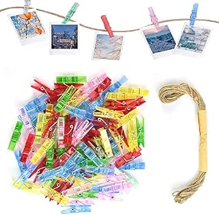 TANCUDER Mini Pegs for Photos,100 PCS Small Pegs Plastic Photo Paper Clips Small Clothespins Coloured Tiny Pegs Laundry Clothes Pegs with 10M Jute Twine String for Hanging Photos DIY Craft Decoration