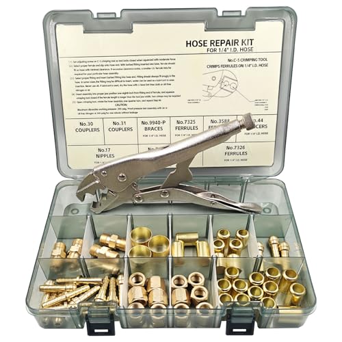 Image of PS-26 1 /4 I.D. Torch Hose Repair Kit,Air Hose Crimper Tool Kit for Air Hose /Torch Hose /Oxygen Acetylene Hose，Include Fittings /CrimpingTool /Ferrules /Couplers /Braces /Splicers /Nipples /Nuts etc
