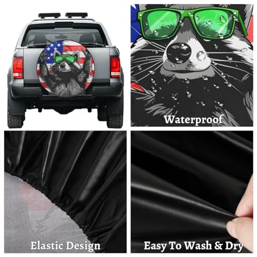 Image of Spare Tire Cover for RV Trailer, American Flag Raccoon Tire Covers Universal Fit for Travel Trailer Camper Jeep RV SUV Truck Waterproof Wheel Cover (14 inch for Diameter 25 inch - 27 inch)