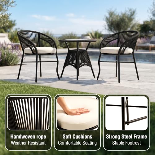 Image of OUTLIVING Init Outdoor Patio Furniture Set | 2 Seater Wicker Chairs with Cushioned Seats & Round Coffee Table | Garden, Balcony, Terrace & Lawn Seating Set - Black