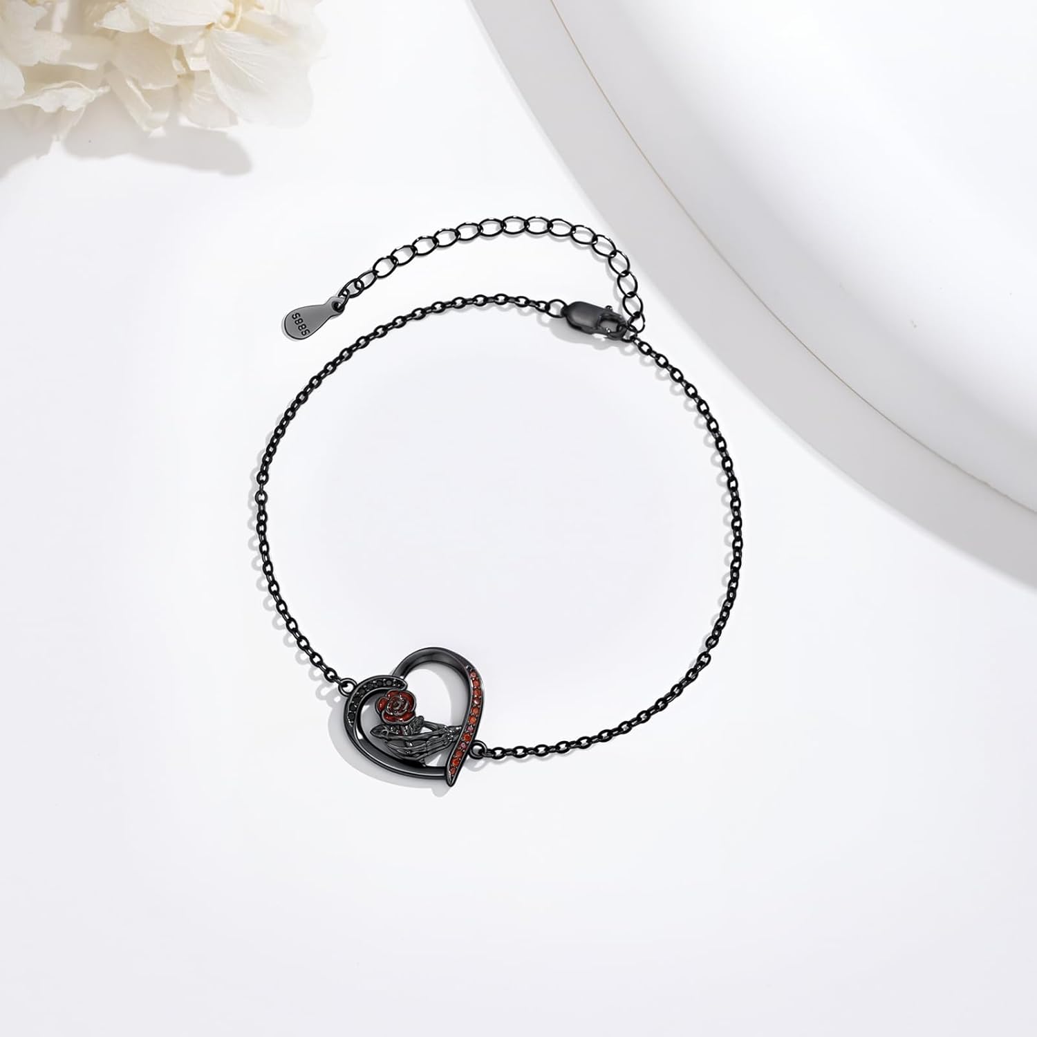 Black Skeleton Hand Red Rose Bracelet 925 Sterling Silver Heart Halloween Gothic Jewelry For Women Men