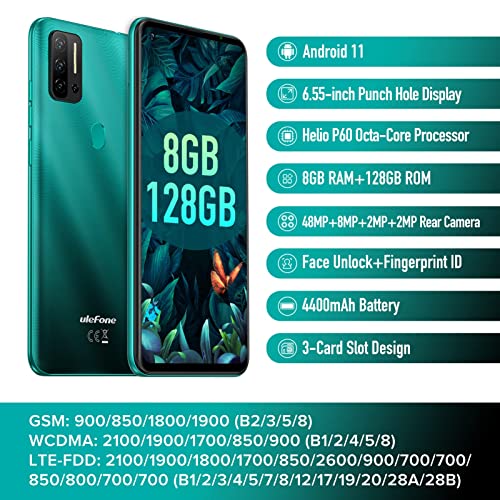 Unlocked Smartphones Ulefone Note 11P (2021) Android 11 Unlocked Cell Phones, 48Mp Quad Rear Camera Triple Card Slots, 6.55" Punch Hole Screen Dual Sim Phones, 4500Mah Global Bands, Us Version - Green #TOP1