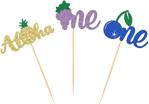 Miniatura 5 de 24 piezas de decoración para magdalenas de frutas de primer cumpleaños, temática hawaiana, decoración de tartas, arándanos, uva, piña, postre,
