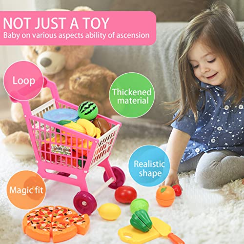 Play Food Set With Shopping Cart, Various Slicing Fruit Toy Plastic Colorful Vegetables Dishes Pretend Food Educational Cutting Food Toys For Toddlers Preschool Outdoor Or Indoor (H02) #TOP3