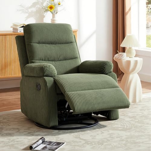 Image of Rocking Recliner Chair,Modern Swivel Glider Recliner Chair,Corduroy Fabric Upholstery Recliner,Manual Reclining Sofa Chair for Living Room,Office,Apartment (Green)