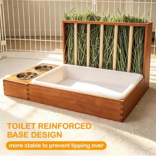 BESNEW 3-in-1 Rabbit Hay Feeder with Litter Box,Upgraded Rot Resistant Rreatment Wooden Hay Feeder with 2 Bowls & Litter Box for Guinea Pigs,Chinchillas,Rabbits & Other Small Animals,Waste Prevention — view 6