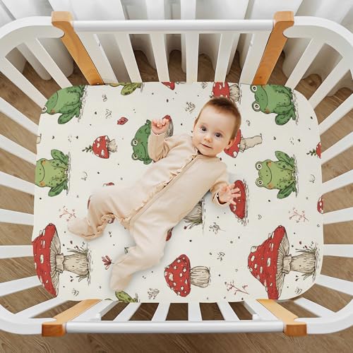 Image of Retro Frogs Mushrooms Crib Sheets Soft Breathable Fitted Baby Crib Sheets Mattress Cover for Girls Boys, 52 inch x 28 inch x 9 inch