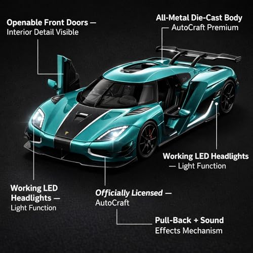 Image of Koenigsegg Agera 1:24 Scale Die Cast Metal Car - Pull Back Hypercar with Openable Scissor Doors, Hood & Engine Cover, Lights & Sound, Collectible Showpiece for Kids & Car Enthusiasts
