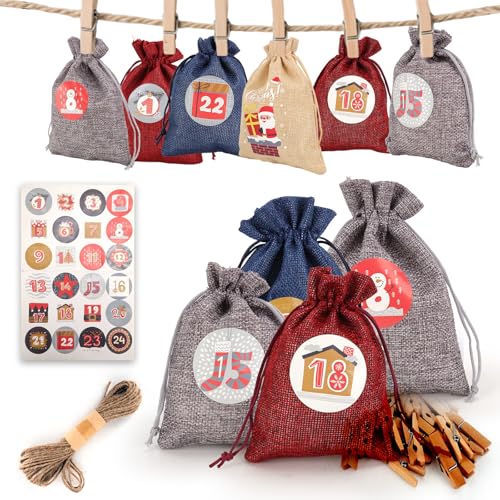 Make/Fill Your Own Empty Advent Calendar Bags Kit 2025, 24 Pcs Fillable Christmas Fabric Countdown Calendar, Diy Reusable 1-24 Countdown Bags For Best Gifts Uk Decoration (colourful)