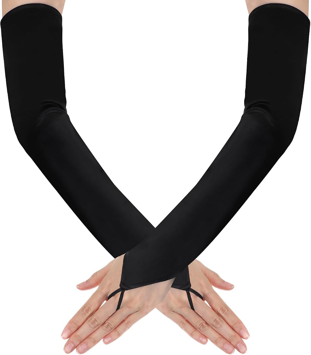 oruola Guantes Largos sin Dedos,Guantes de Satén Negros para Bodas Nupciales, Fiesta Gótica Punk de los Años 80, Accesorios para Disfraces de Cosplay,Guante Largo elástico sin Dedos