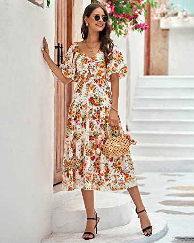 Btfbm Women Summer Dresses 2023 Casual Flowy Beach Square Neck Puff Short Sleeve Smocked Back Boho Floral Long Maxi Dress(Floral White Orange, Large) #TOP6