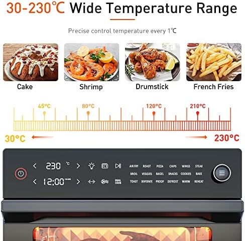 JOYOUNG Air Fryer Electric Oven, 30L Convection Oven for Less Oil 18 Preset Functions, Countertop Oven with LED Digital Touch Screen and 2-in-1 knob, Free Recipes and 6 Accessories, 1800W, Black