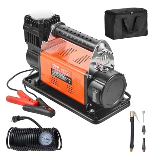 VEVOR Compresor de Aire Resistente 12 V Inflador de Neumáticos 200 L/min Kit de Inflador de Neumáticos 10,3 Bar Bomba de Aire Todoterreno con Adaptadores, Manómetro, para Camiones, Coches, SUV, RV