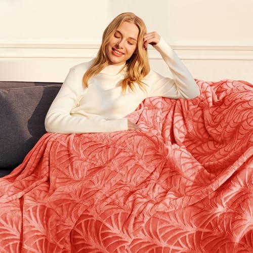 Whale Flotilla Flannel Fleece Twin Size Blanket for Bed, Soft Fluffy Velvet Bedspread Coverlet with Decorative Vintage Pattern for All Season, Warm and Lightweight, 60x80 Inch, Coral