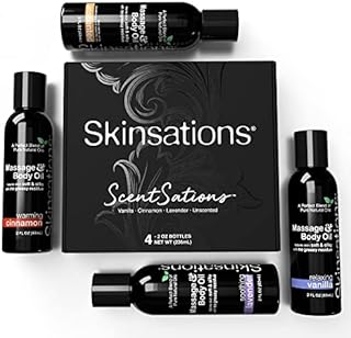 Skinsations - Massage Oil Kit (Set of 4) Natural Scents of Vanilla, Cinnamon, Lavender in a Edible Blend of Sweet Almond Oil, Fractionated Coconut Oil, Grapeseed Oil & Jojoba Oil Body Oil