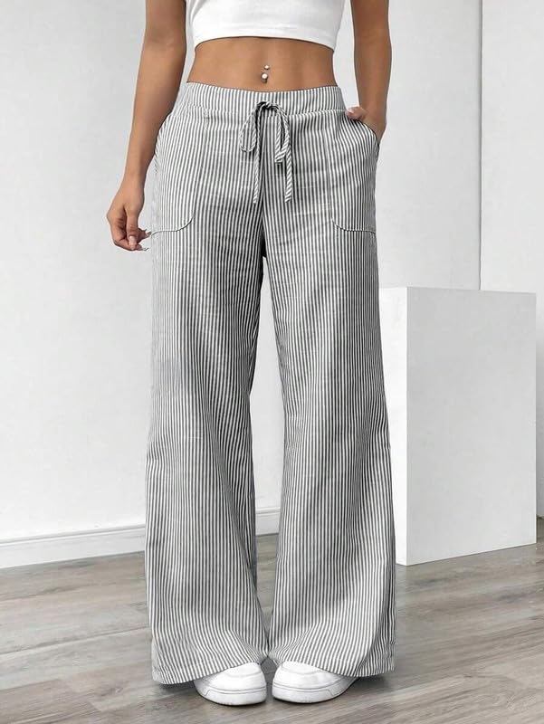 Women’s Striped Wide Leg Pants, High Waist Casual Lounge Trousers with Drawstring, Loose Fit Streetwear2