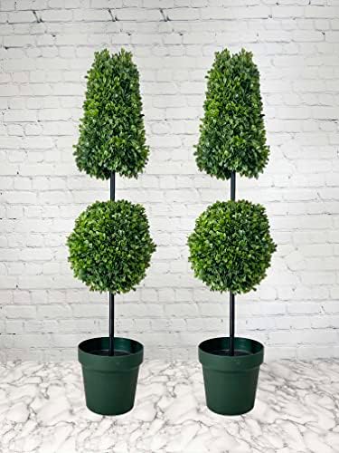 Admired By Nature 38" Artificial Boxwood Leave Double Ball Shaped Topiary Plant Tree in Plastic Pot, ABNT005B-NTRL-2, Set of 2