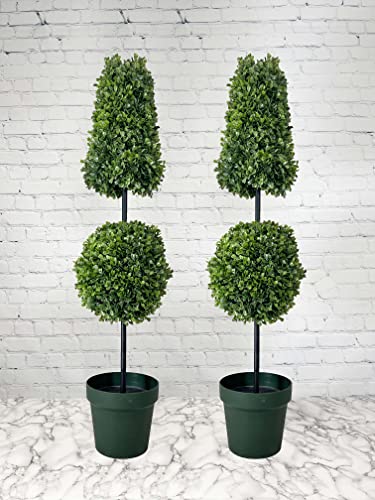 Admired By Nature 38" Artificial Boxwood Leave Double Ball Shaped Topiary Plant Tree In Plastic Pot, Abnt005B-Ntrl-2, Set Of 2 #TOP21