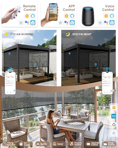 Image of Kincmo Motorized Outdoor Shades for Patio Porch, Custom Outdoor Motorized Blinds with Remote, Waterproof & Windproof Patio Shades Work with Apple Home,Alexa,Google (Texture Medium Grey-5% Openness)