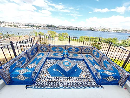 U Shaped Arabic Sofa Set, Terrace Pallet Sofa, Royal Blue Sectional Sofas, Floor Cushions, Arabic Majlis, Pouffs Turkish Floor Seating Set (U Sofa Full Set) #TOP3