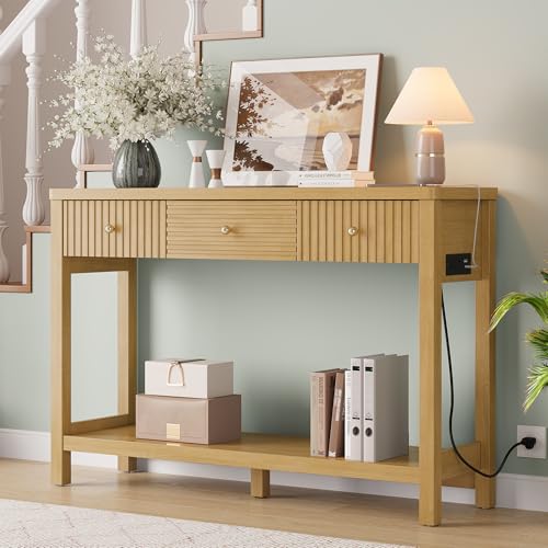 Decofy 47'' Fluted Console Table with Charging Station & 3 Drawers, Oak Decofy 47'' Fluted Console Table with Charging Station & 3 Drawers, Oak - Image 1