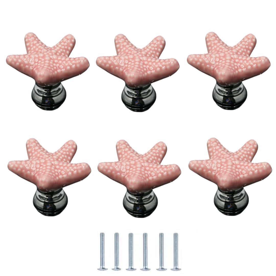 ENmrfvkz Ceramic Cupboard Drawer Handle Knobs, Ceramic Starfish Knobs for Cabinet Drawer Door, 6 Pcs, Multicolor, 34x24mm(Roze)
