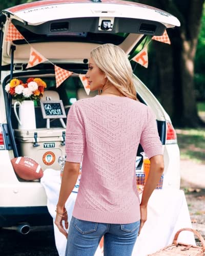 Image of Womens Puff Short Sleeve Sweater Summer Crew Neck Ribbed Knit Pullover Tops