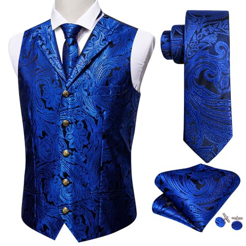 Image of Barry.Wang Mens Silk Lapel /Shawl Collar Vest Tie Sleeve Holder Set Formal /Casual Paisley Vests Wedding Tuxedo Waistcoat