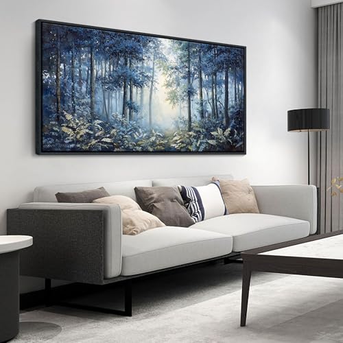 Image of Forest Canvas Wall Art for Living Room - Navy Blue Bedroom Wall Art, Landscape Pictures Wall Decor, Forest Painting, Framed Nature Tree Artwork Walls 24x48IN