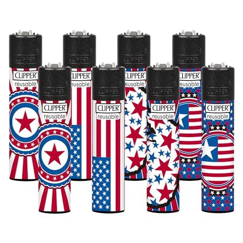 Clipper - Classic Large Reusable Lighter - Iconic Premium Refillable Lighters Bulk Pack - Replace Butane, Flint, and Spark Wheel for Unlimited Lights - 8 Pack - National Stars