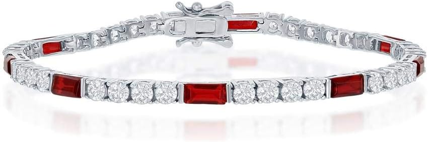 Created Ruby/Emerald/Sapphire 3mm Round and Emerald Cut Simulated CZ Diamond 7.25’’ Tennis Bracelet Sterling Silver Jewelry for Women