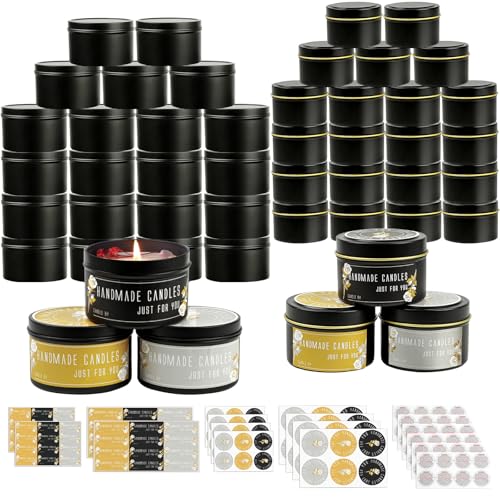 CONNOO 48 Pack Candle Tins - 24pcs 8oz + 24pcs 4oz Matte Black Jars with Lids for Making Candles, Bulk Empty Containers with Sticky Warning Labels for Candle Making, Storage, and Gift