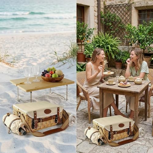 Image of Multifunctional Wicker Picnic Basket Set for 2 Adults with Picnic Table and Blankets,Large Insulated Picnic Set with Wine Pouch and Full Tablewares for Camping Outdoor Couples Natural Beach Wedding