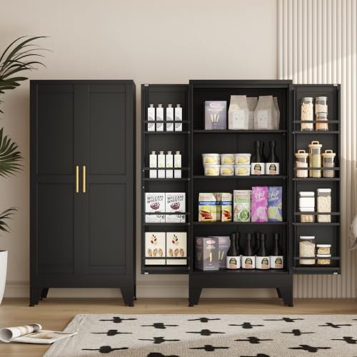 Image of GAIOUS Metal Kitchen Pantry Cabinet, Storage Cabinets with 2 Door and 3 Adjustable Shelves, Black Freestanding Food Storage Cabinet, Steel Cupboard for Kitchen Dinning Room