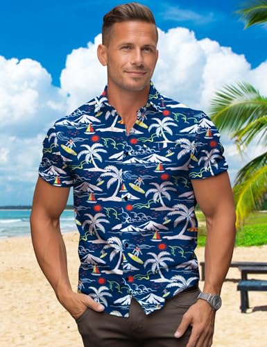 Image of Yoimira Hawaiian Shirts for Men, Print Mens Casual Short Sleeve Button Down Shirts Floral Aloha Beach Shirt